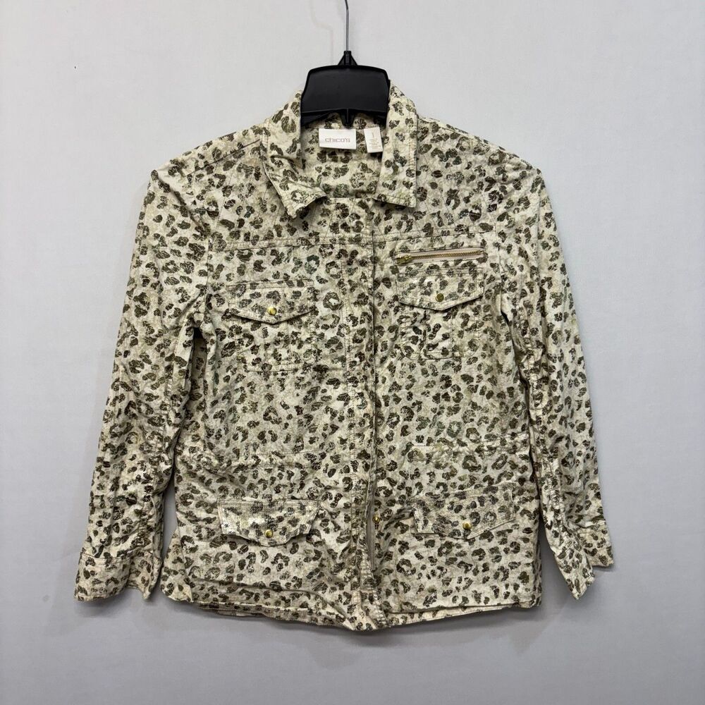 Chico's Women Full Zip Animal Print Jacket Size 1 Cotton Blend Pockets B377 -7
